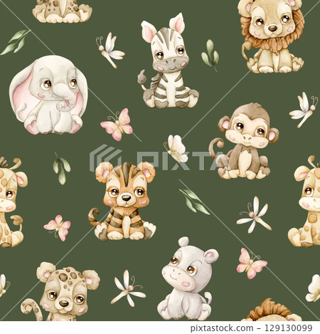 Cute Tropical Animals Butterflies Dragonfly and Leaves Watercolor hand painted summer pastel neutral seamless pattern on green background for cute nursery kids baby cloth textile fabric wrapping paper 129130099