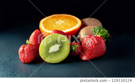 Fresh strawberries, a juicy kiwi cut in half, and a whole orange arranged on a dark background. Vibrant colors and textures create a striking contrast in this minimalistic fruit composition Fresh strawberries, a juicy kiwi cut in half, and a whole orange arranged on a dark background. Vibrant colors and textures create a striking contrast in this minimalistic fruit composition 129130124