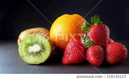 Fresh strawberries, a juicy kiwi cut in half, and a whole orange arranged on a dark background. Vibrant colors and textures create a striking contrast in this minimalistic fruit composition 129130125
