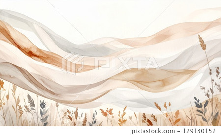 Abstract Watercolor Landscape in Beige and Brown with Wavy Hills and Grass Art 129130152