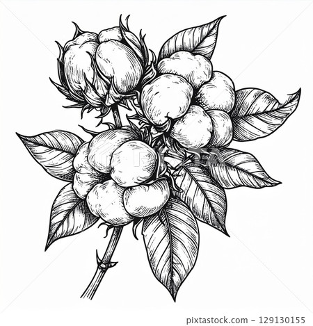 Detailed Cotton Branch with Leaves in Black and White Botanical Illustration Detailed Cotton Branch with Leaves in Black and White Botanical Illustration 129130155