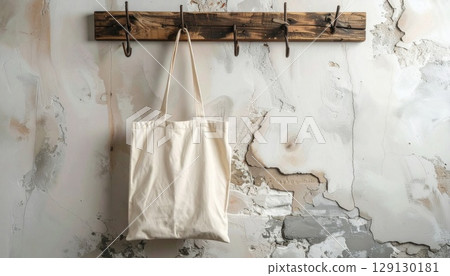 Canvas Tote Bag Hanging on Rustic Wooden Hooks Against Textured Beige Wall 129130181