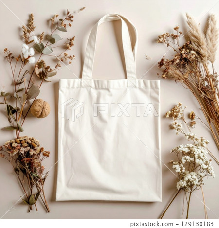 Beige Tote Bag Mockup with Dried Floral Arrangement and Natural Lighting 129130183