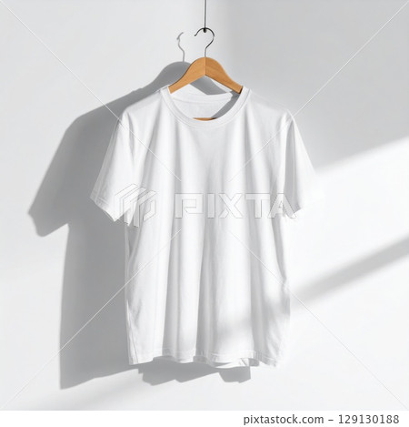 Plain White T-Shirt Hanging on Wooden Hanger Against White Wall with Shadow 129130188