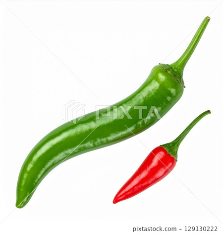 Isolated Fresh Green and Red Chili Peppers on White Background Still Life Isolated Fresh Green and Red Chili Peppers on White Background Still Life 129130222
