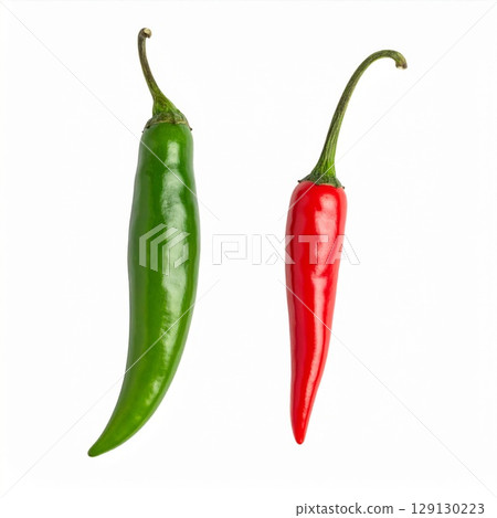 Red and Green Chili Peppers on White Background with Contrasting Colors Red and Green Chili Peppers on White Background with Contrasting Colors 129130223
