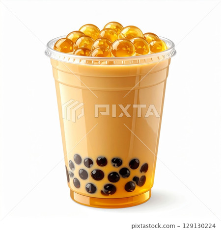Refreshing Bubble Tea with Tapioca Pearls in a Clear Plastic Cup Isolated 129130224