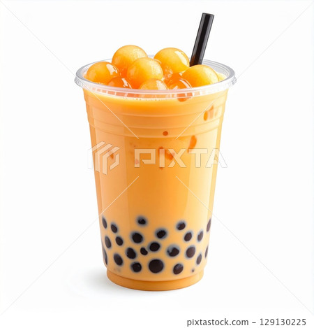 Refreshing Orange Boba Tea in Clear Plastic Cup with Black Straw on White Refreshing Orange Boba Tea in Clear Plastic Cup with Black Straw on White 129130225