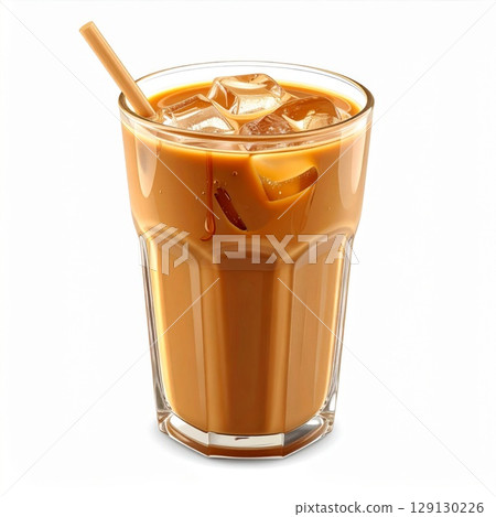 Iced Coffee in Clear Glass with Straw and Ice Cubes on White Background Iced Coffee in Clear Glass with Straw and Ice Cubes on White Background 129130226