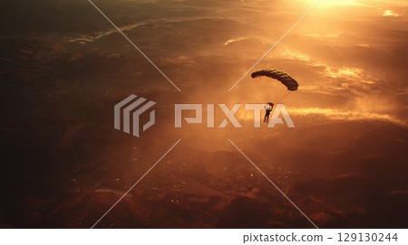 Solo Skydiver Descending Through Golden Sunset Over a Remote Landscape with Soft Clouds 129130244