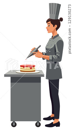 Female Chef Decorating Cake Pastry Female Chef Decorating Cake Pastry 129130273
