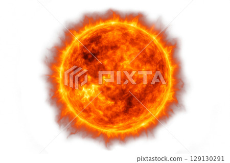 漂浮在黑暗宇宙中的逼真太陽、核融合反應範例以及火球背景材料 129130291