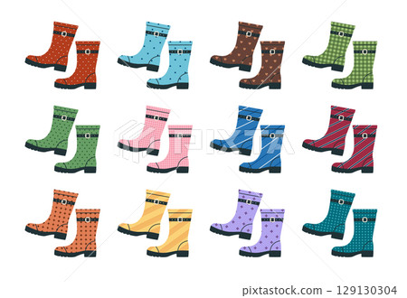 Set of colored pairs of rubber boots with different patterns. Waterproof footwear collection. Protective gumboots. Vector flat illustration isolated on white background 129130304