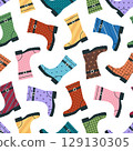 Seamless pattern with rubber boots. Colored pairs of rubber boots with different ornaments on white background. Waterproof footwear collection. Protective gumboots. Vector flat illustration 129130305