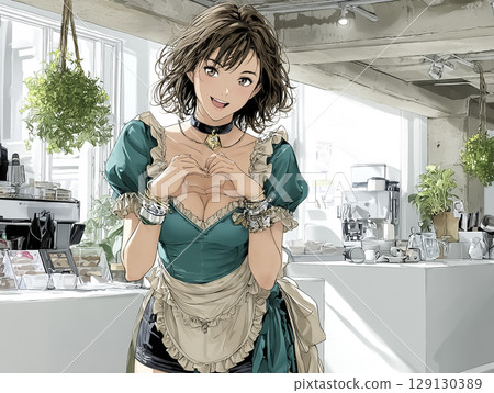 女僕咖啡廳 — — 一位年輕貌美的女子擺出手指愛心姿勢的插圖 129130389