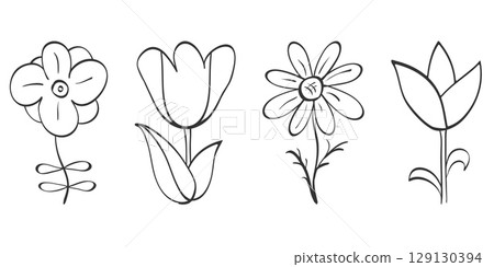 Flower leaves outline symbol set, isolated element, cute simple graphic, child-like sketch ink line, doodle hand free brush drawing, modern botanical decorative vector illustration 129130394