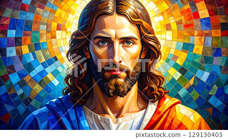 Mosaic style oil painting of Jesus Christ with Byzantine inspiration. Radiant golden background and intricate details create a powerful spiritual image, ideal for Christian art, sacred spaces 129130403
