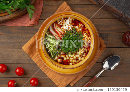 Okroshka soup with kvass and vegetables Okroshka soup with kvass and vegetables 129130459