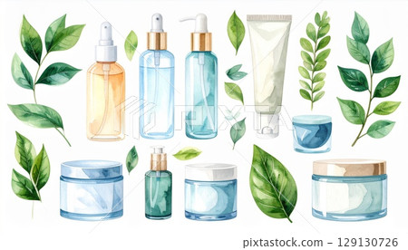 Watercolor Cosmetic Product Set with Green Leaves on White Background 129130726