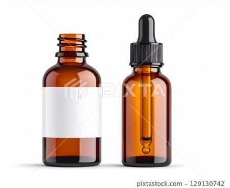 Two Amber Glass Bottles with Dropper and White Label on White Background 129130742