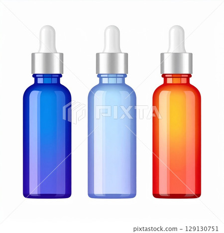 Three Colorful Cosmetic Bottles With Droppers Isolated On White Background 129130751