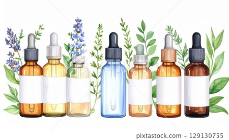 Watercolor Essential Oil Bottles with Lavender and Green Leaves on White Background 129130755