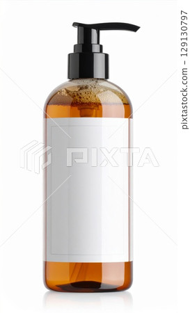 Amber Bottle with Black Pump Dispenser and Blank White Label on Isolated Background 129130797