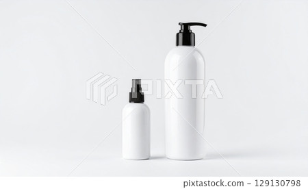 Two White Plastic Cosmetic Bottles Against a Clean White Background Studio Shot 129130798