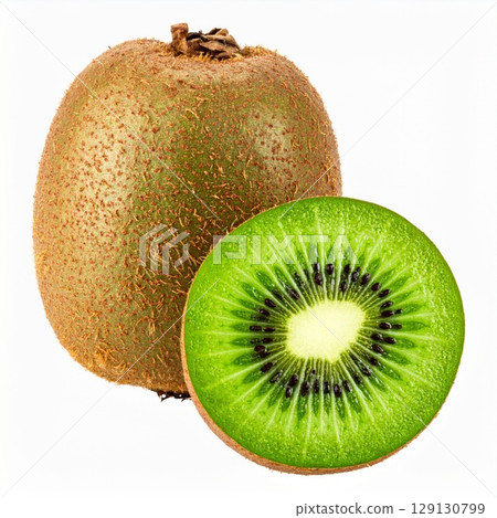 Two Kiwis One Cut Showing Green Flesh and Seeds Isolated on White Background 129130799