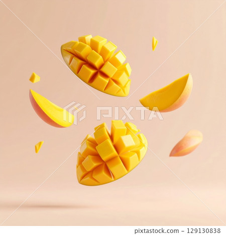 Arrangement of Sliced Mango with Yellow Pulp Against a Beige Background 129130838