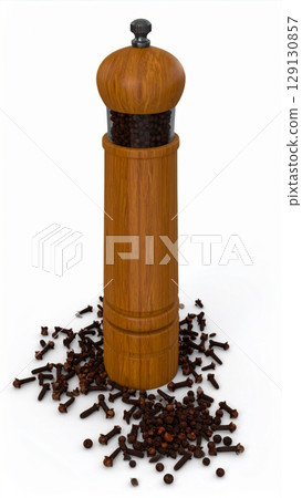 Wooden Pepper Mill with Dark Brown Cloves Scattered Around on a White Background Wooden Pepper Mill with Dark Brown Cloves Scattered Around on a White Background 129130857