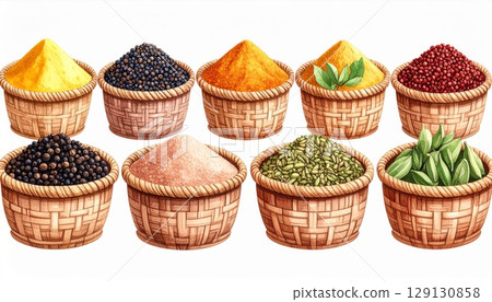 Collection of Colorful Assorted Spices and Herbs in Woven Baskets on White Background 129130858