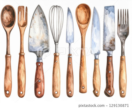 Rustic Kitchen Utensils Watercolor Set Wooden Spoons Forks Knives on White Background 129130871