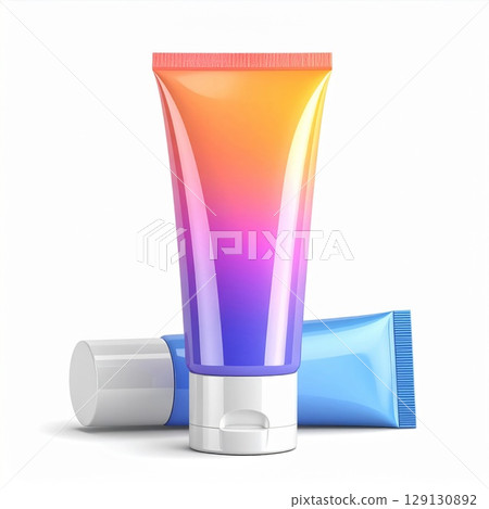 Close Up Two Gradient Tubes with White Caps for Cosmetic and Beauty Products 129130892
