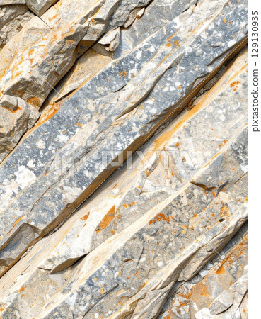 Striking Diagonal Rock Texture With Gray And Orange Mineral Deposits Background 129130935