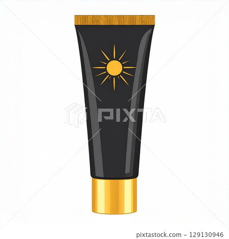 Black Sunscreen Tube with Golden Accents and a Sunburst on White Background 129130946
