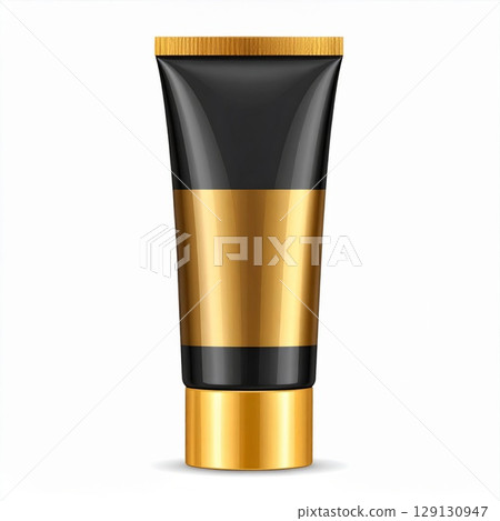 Cosmetic Product Tube in Black and Gold on White Background Packaging 129130947