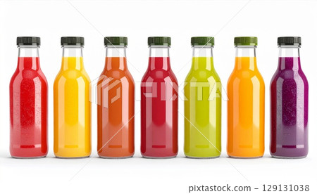 Row of Colorful Fruit Juices in Glass Bottles on a White Background in Studio 129131038
