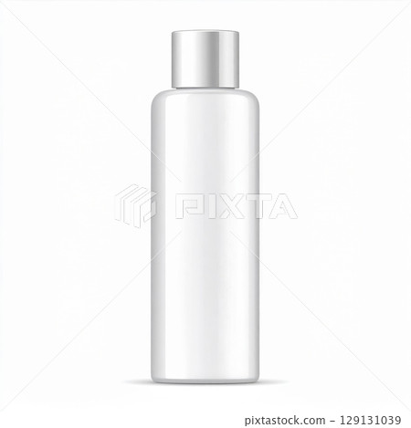 White Cylindrical Bottle with Silver Cap on a Clean White Background Studio Shot 129131039