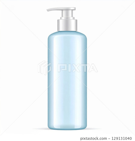 Blue Lotion Bottle with White Pump Dispenser Against White Background for Cosmetics 129131040