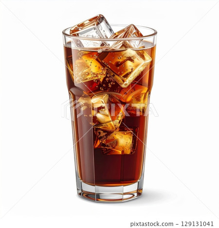 Refreshing Glass of Dark Cola with Ice Cubes on White Background in Studio 129131041