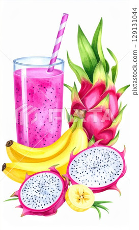 Vibrant Watercolor Smoothie with Dragon Fruit and Banana Still Life Art 129131044