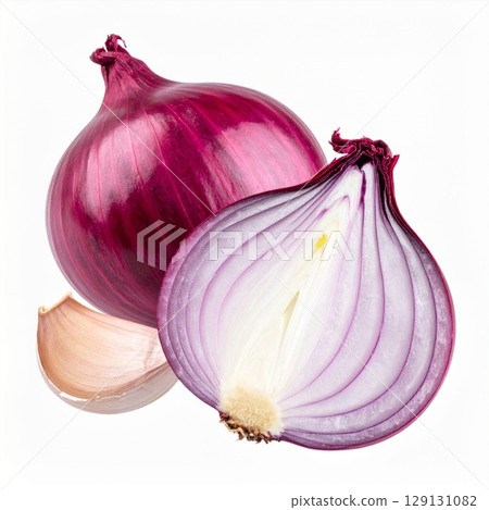 Isolated Red Onion Half and Clove Garlic on White Background Still Life 129131082