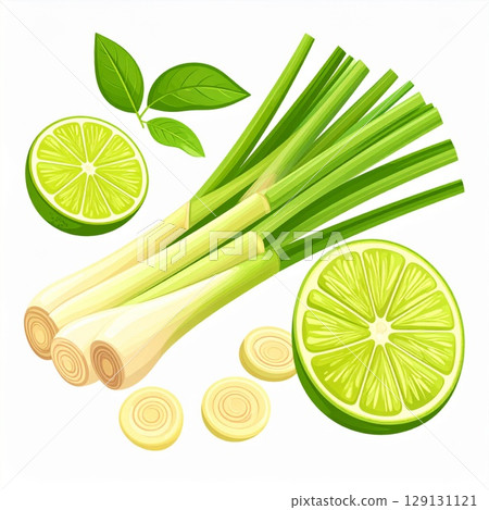 Fresh Green Lemongrass and Lime Still Life on a White Background Illustration 129131121