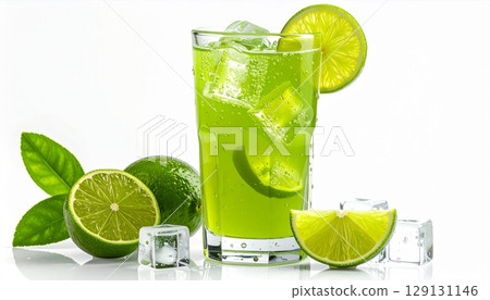 Refreshing Green Lime Drink with Ice Cubes and Citrus Garnish on White Backdrop Refreshing Green Lime Drink with Ice Cubes and Citrus Garnish on White Backdrop 129131146