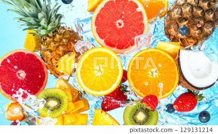 Colorful Tropical Fruits in Water Splash on Light Blue Background Still Life 129131214