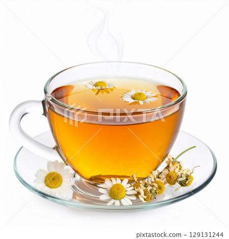 Chamomile Herbal Tea in Clear Glass Cup with Steam on White Background Chamomile Herbal Tea in Clear Glass Cup with Steam on White Background 129131244