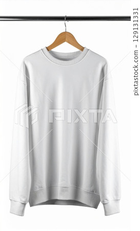 White Long Sleeve Sweater Hanging on Wooden Hanger Apparel Fashion Style White Long Sleeve Sweater Hanging on Wooden Hanger Apparel Fashion Style 129131331