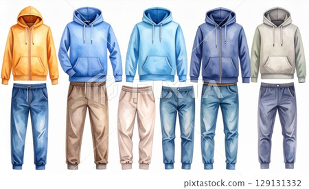 Isolated Array of Pixelated Hoodies and Pants in Various Colors on White Background Isolated Array of Pixelated Hoodies and Pants in Various Colors on White Background 129131332