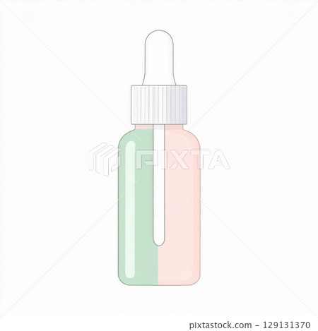 Pastel Cosmetic Bottle with Dropper and Green and Pink Split Color on White Background 129131370